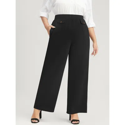 Bloomchic Women's Plus Size Solid Button Detail Elastic Waist Pocket Pants Black Solid High Rise Office 10/m