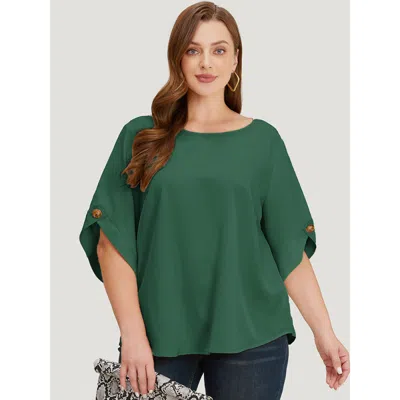 Bloomchic Women's Plus Size Solid Button Detail Flounce Sleeve Blouse Armygreen Dailywear 3/4 Sleeve 10/m