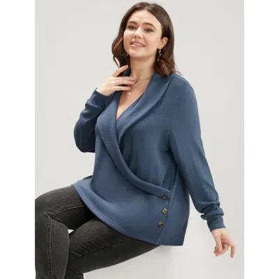 Bloomchic Women's Plus Size Solid Button Detail Lapel Collar Sweatshirt Stone Plain Dailywear 14-16/1x In Gray