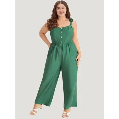 Bloomchic Women's Plus Size Solid Button Detail Pocket Elastic Waist Knotted Shoulder Jumpsuit Green Dailywear
