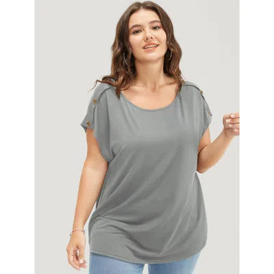 Bloomchic Women's Plus Size Solid Button Detail Round Neck Batwing Sleeve T-shirt Darkgray Dailywear Short Sle In Gray