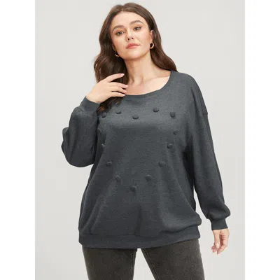 Bloomchic Women's Plus Size Solid Button Detail Round Neck Waffle Knit Sweatshirt Dimgray Plain Dailywear 14-1