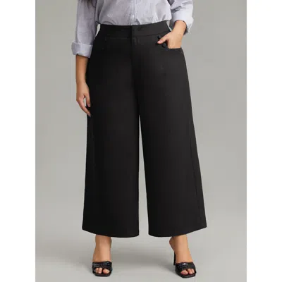 Bloomchic Women's Plus Size Solid Button Detail Wide Leg Pants Black High Rise Office 10/m