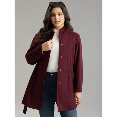 Bloomchic Women's Plus Size Solid Button Fly Stand Collar Belted Pocket Coat Burgundy Plain 12/l