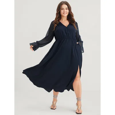 Bloomchic Women's Plus Size Solid Button Split Pocket Wrap Lantern Sleeve Ruffles Hem Dress Darkblue Solid Dai In Blue