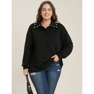 Bloomchic Women's Plus Size Solid Button Up Pearl Beaded Polo Neck Sweatshirt Black Plain Dailywear 10/m