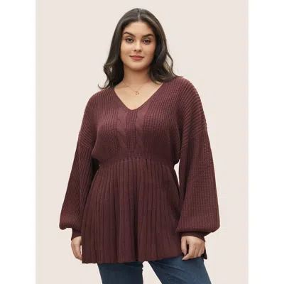 Bloomchic Women's Plus Size Solid Cable Knit Elastic Waist Pullover Maroon Plain Long Sleeve 28/5x In Burgundy