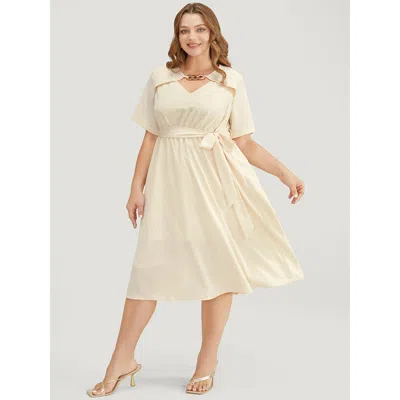 Bloomchic Women's Plus Size Solid Chain Detail Cut Out Pocket Belted Flutter Dress Beige Office Cross Straps 3 In Sand