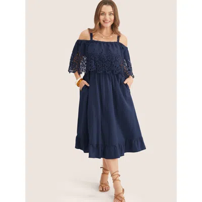 Bloomchic Women's Plus Size Solid Cold Shoulder Contrast Lace Pocket Ruffle Hem Dress Navy Solid Midi Vacation In Blue