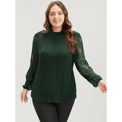 Bloomchic Women's Plus Size Solid Contrast Lace Cable Knit Long Tee Green Long Sleeve Dailywear 10/m