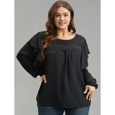 Bloomchic Women's Plus Size Solid Contrast Lace Tiered Ruffles Blouse Black Dailywear Long Sleeve 18-20/2x
