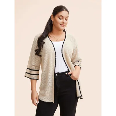 Bloomchic Women's Plus Size Solid Contrast Trim Bell Sleeve Cardigan Apricot Long Sleeve V-neck 10/m In Orange