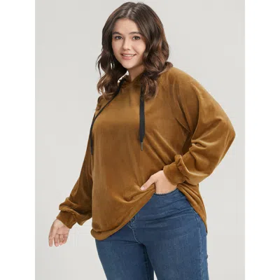 Bloomchic Women's Plus Size Solid Corduroy Drawstring Hooded Sweatshirt Darkbrown Plain Dailywear 10/m In Brown