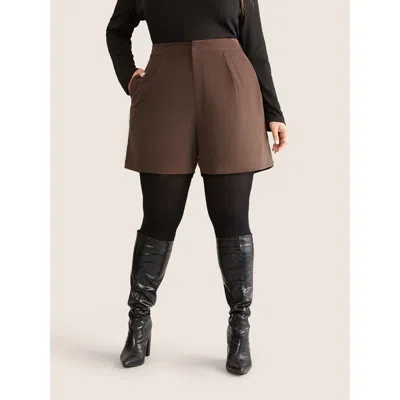 Bloomchic Women's Plus Size Solid Corduroy Plicated Detail Shorts Darkbrown Office Texture Shorts 10/m In Brown