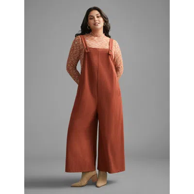 Bloomchic Women's Plus Size Solid Corduroy Wide Leg Overall Rust Everyday 12/l In Brown