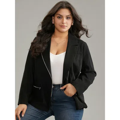 Bloomchic Women's Plus Size Solid Corduroy Zipper Lapel Collar Blazer Black Plain Lined Sleeve Long Sleeve 10/