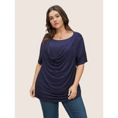 Bloomchic Women's Plus Size Solid Cowl Neck Gathered T-shirt Indigo Non Everyday Short Sleeve 10/m In Purple