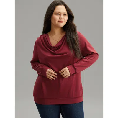 Bloomchic Women's Plus Size Solid Cowl Neck Metal Detail Sweatshirt Red Plain Dailywear 12/l