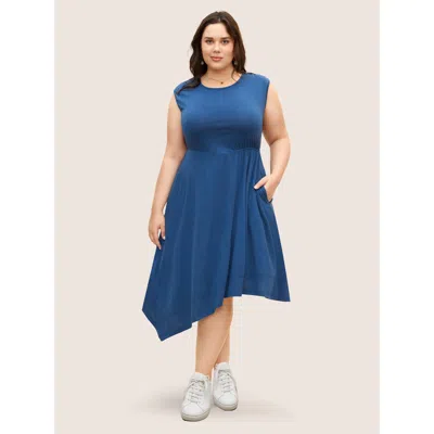 Bloomchic Women's Plus Size Solid Crew Neck Asymmetrical Hem Dress Mediumblue Non Midi Everyday Gathered 12/l