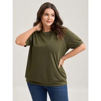 Bloomchic Women's Plus Size Solid Crew Neck Relaxed Sweatshirt Armygreen Casual 10/m