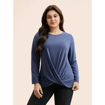 Bloomchic Women's Plus Size Solid Crew Neck Twist Front T-shirt Darkblue Long Sleeve Everyday 12/l In Blue