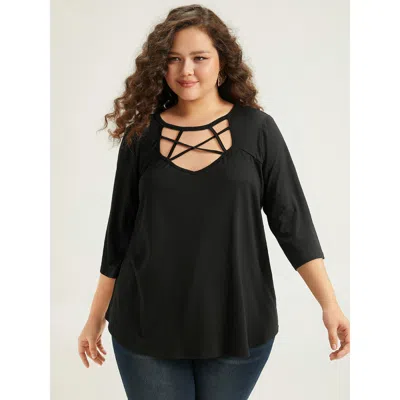 Bloomchic Women's Plus Size Solid Crisscross Neck Cut Out T-shirt Black Dailywear 3/4 Sleeve 10/m