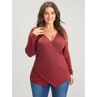 Bloomchic Women's Plus Size Solid Crisscross Rib Knit Long Tee Burgundy Long Sleeve Dailywear 30/6x