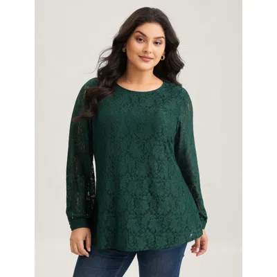 Bloomchic Women's Plus Size Solid Crochet Lace Mesh Crew Neck Blouse Darkgreen Solid Elegant Long Sleeve Round In Green