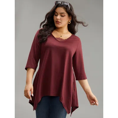 Bloomchic Women's Plus Size Solid Crochet Lace Mesh Hanky Hem T-shirt Burgundy 3/4 Sleeve Dailywear 10/m