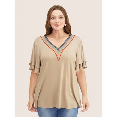 Bloomchic Women's Plus Size Solid Crochet Lace Ruffle Tiered Sleeve V Neck T-shirt Lightbrown Short Sleeve Vac In Brown
