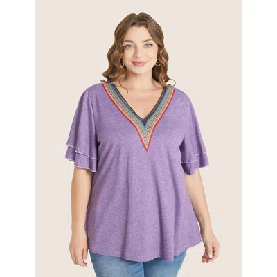 Bloomchic Women's Plus Size Solid Crochet Lace Ruffle Tiered Sleeve V Neck T-shirt Mauve Short Sleeve Vacation In Purple
