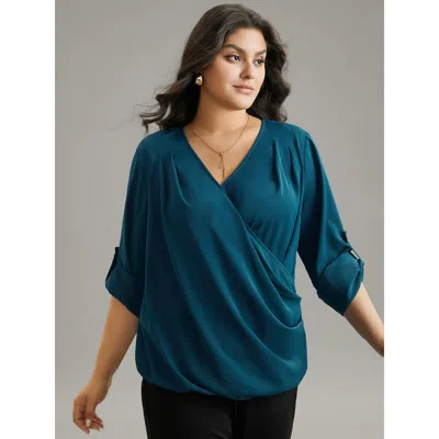 Bloomchic Women's Plus Size Solid Crossover Roll Tab Sleeve Blouse Indigo Office Long Sleeve 10/m In Purple