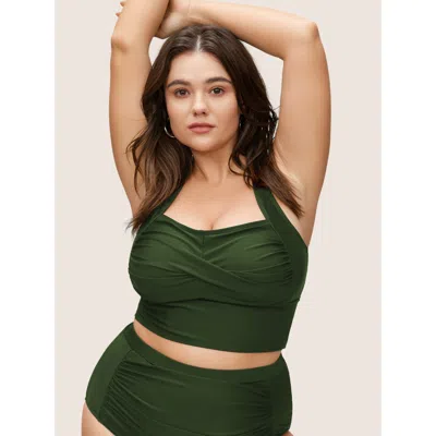 Bloomchic Women's Plus Size Solid Crossover Square Neck Adjustable Straps Swim Top Armygreen Solid Sleeveless 