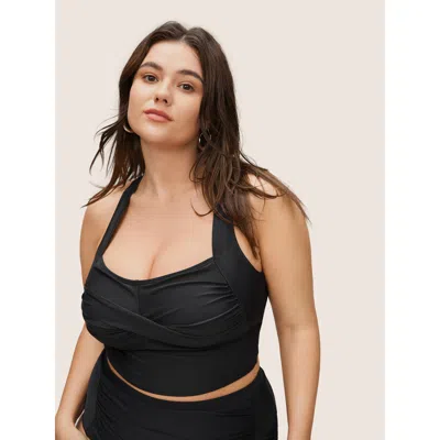 Bloomchic Women's Plus Size Solid Crossover Square Neck Adjustable Straps Swim Top Black Solid Sleeveless Twis