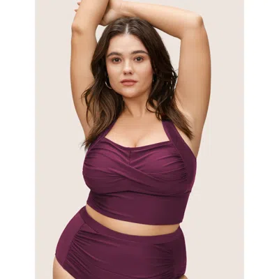 Bloomchic Women's Plus Size Solid Crossover Square Neck Adjustable Straps Swim Top Burgundy Solid Sleeveless T