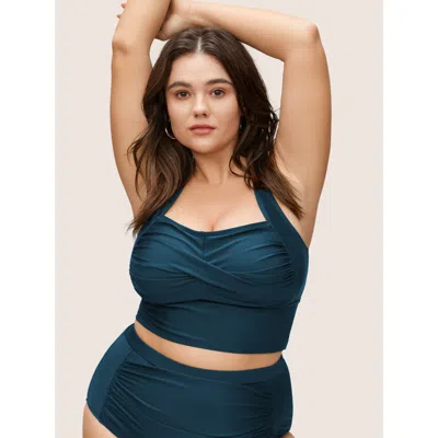 Bloomchic Women's Plus Size Solid Crossover Square Neck Adjustable Straps Swim Top Cyan Solid Sleeveless Twist In Blue