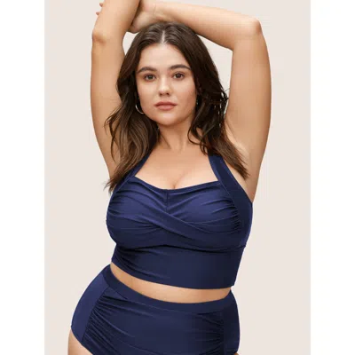 Bloomchic Women's Plus Size Solid Crossover Square Neck Adjustable Straps Swim Top Indigo Solid Sleeveless Twi In Purple