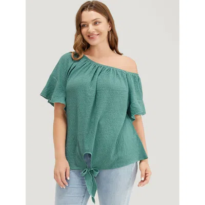 Bloomchic Women's Plus Size Solid Cut Out Knotted Hem Ruffle Sleeve One Shoulder Blouse Teal Dailywear Short S In Blue