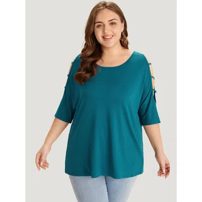 Bloomchic Women's Plus Size Solid Cut Out Round Neck Dolman Sleeve T-shirt Aegean Dailywear Half Sleeve 10/m In Blue