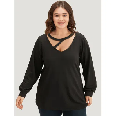 Bloomchic Women's Plus Size Solid Cut Out Sweatshirt Black Plain Dailywear 22-24/3x