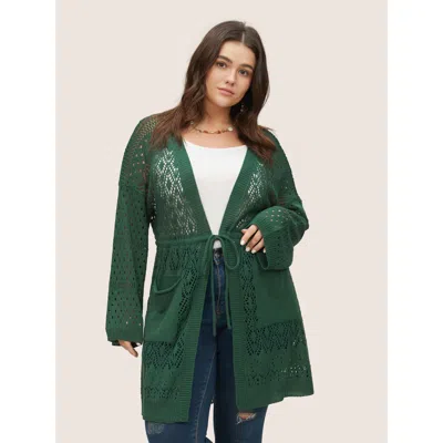 Bloomchic Women's Plus Size Solid Drawstring Pocket Hollow Out Cardigan Darkgreen 10/m In Green