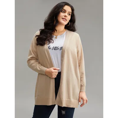 Bloomchic Women's Plus Size Solid Elastic Cuffs Open Front Cardigan Champagne Long Sleeve 10/m In Gold