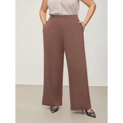 Bloomchic Women's Plus Size Solid Elastic Waist Pleated Wide Leg Pants Browncoffeecolor Non Wide Leg Mid Rise 