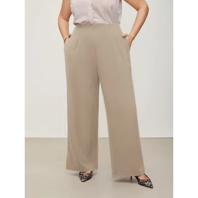 Bloomchic Women's Plus Size Solid Elastic Waist Pleated Wide Leg Pants Lightbrown Non Wide Leg Mid Rise Office In Brown