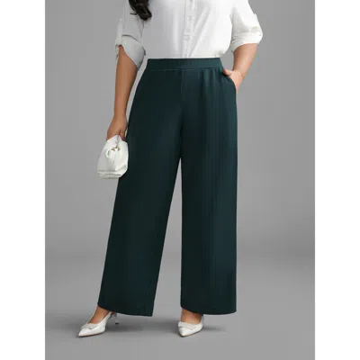 Bloomchic Women's Plus Size Solid Elastic Waist Wide Leg Pants Darkgreen Non Wide Leg Mid Rise Office 10/m In Green