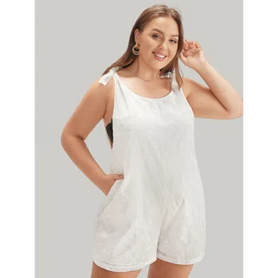 Bloomchic Women's Plus Size Solid Embroidered Knot Pocket Overall Romper White Plain Dailywear No Stretch 10/m