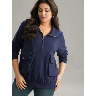 Bloomchic Women's Plus Size Solid Flap Pocket Half Zip Sweatshirt Blue Plain Dailywear 12/l