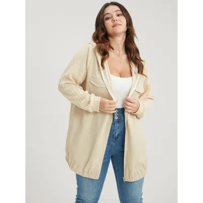 Bloomchic Women's Plus Size Solid Flap Pocket Zip Up Hooded Coat Beige Patchwork 10/m In Sand