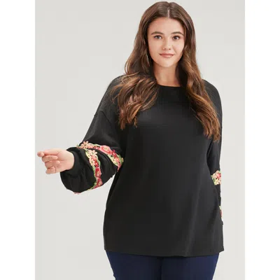 Bloomchic Women's Plus Size Solid Floral Embroidered Contrast Lace Sweatshirt Black Plain Dailywear 14-16/1x