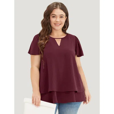 Bloomchic Women's Plus Size Solid Flutter Sleeve Keyhole Layered Hem Blouse Scarlet Office Short Sleeve 30/6x In Red